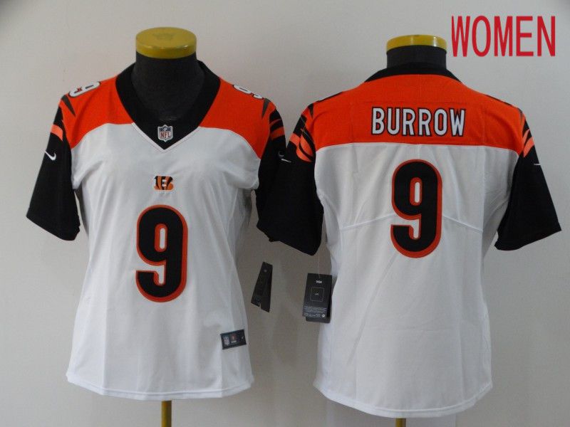 Women Cincinnati Bengals #9 Burrow White Nike Vapor Untouchable Stitched Limited NFL Jerseys->women nfl jersey->Women Jersey
